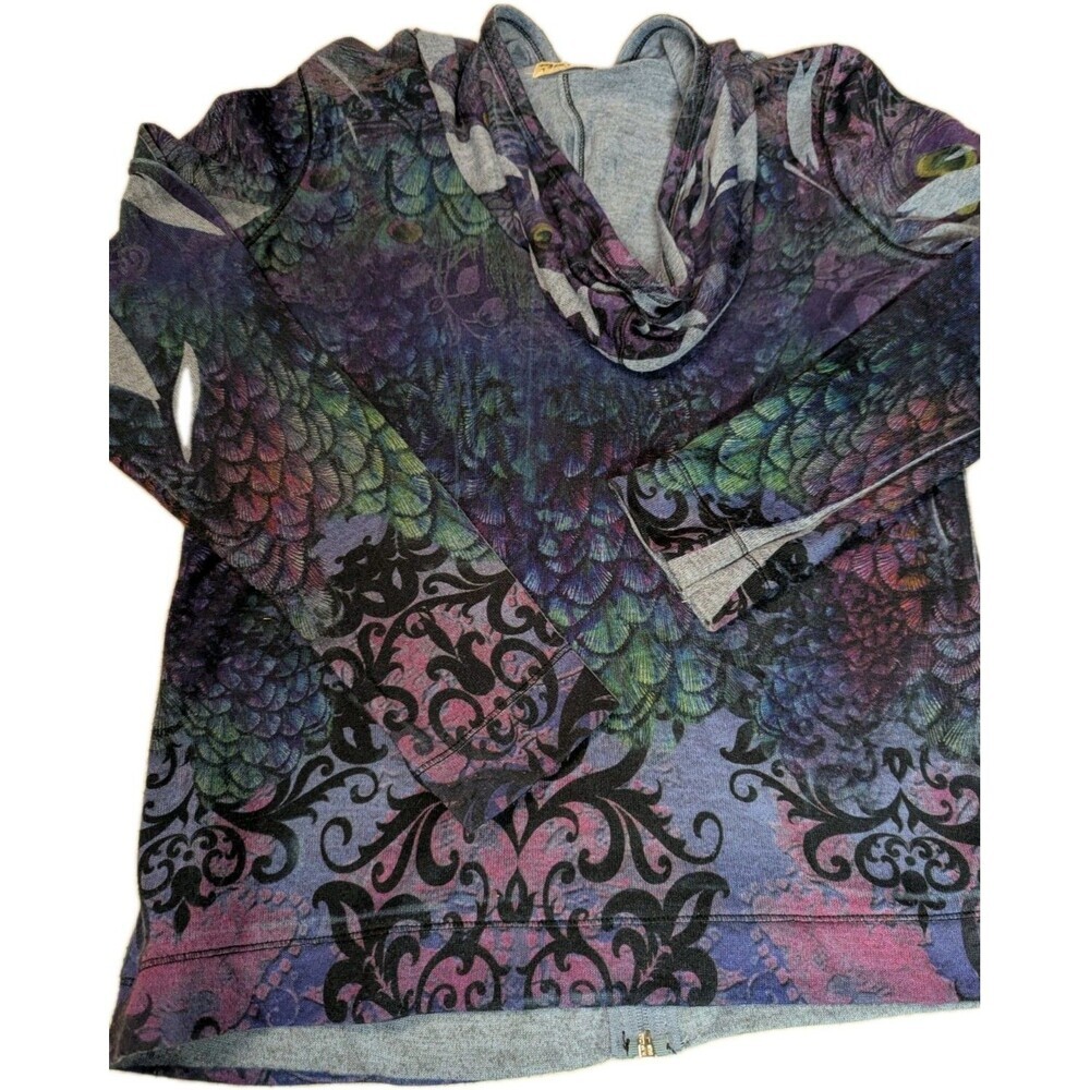 Live and Let Live Peacock Print Rhinestone Zip Up Hoodie Jacket Boho Large - Picture 2 of 14
